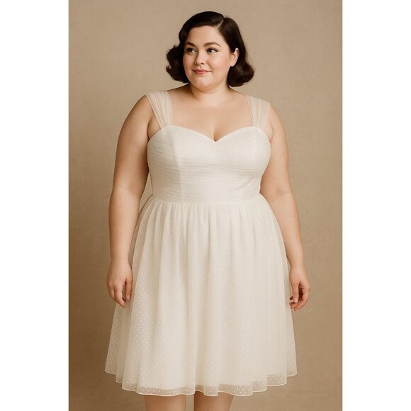 Unique Vintage White Swiss Dot Tulle Midi Dress XXL | Retro Bridal Party Cocktai - Picture 1 of 9